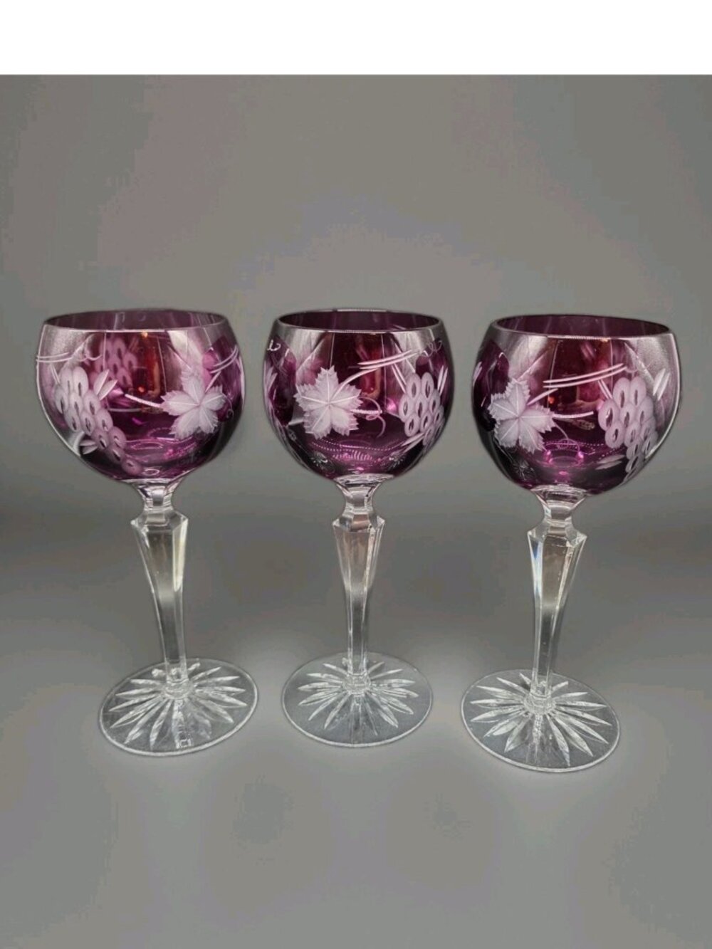 Vintage Cut To Clear Amethyst Wine Glasses Set Of 3 Grape Design Nachtmann? Glam